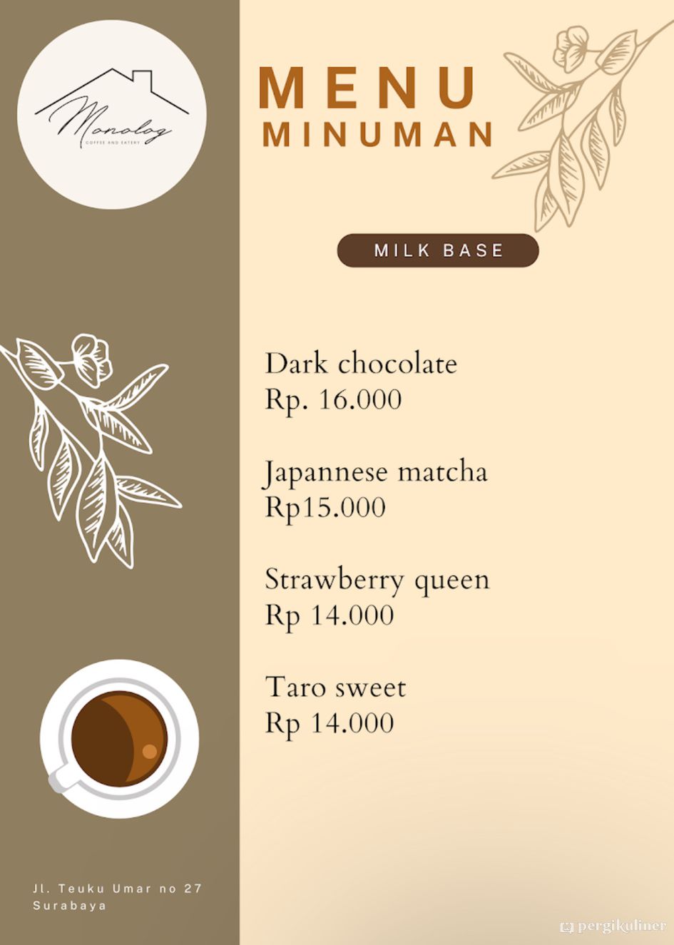Selalu diperbarui! Menu Monolog Coffee And Eatery, Tegalsari, Surabaya