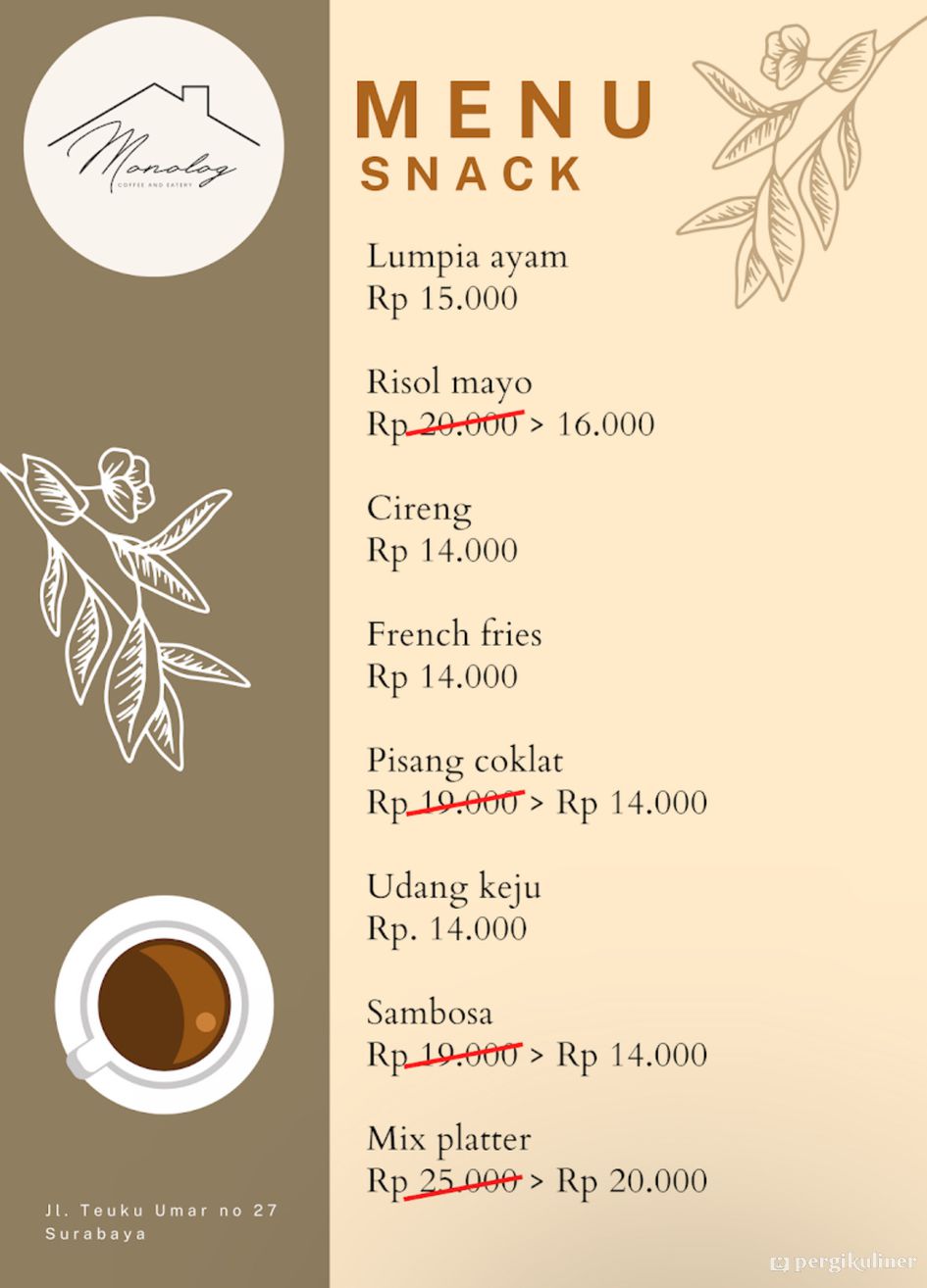 Selalu diperbarui! Menu Monolog Coffee And Eatery, Tegalsari, Surabaya