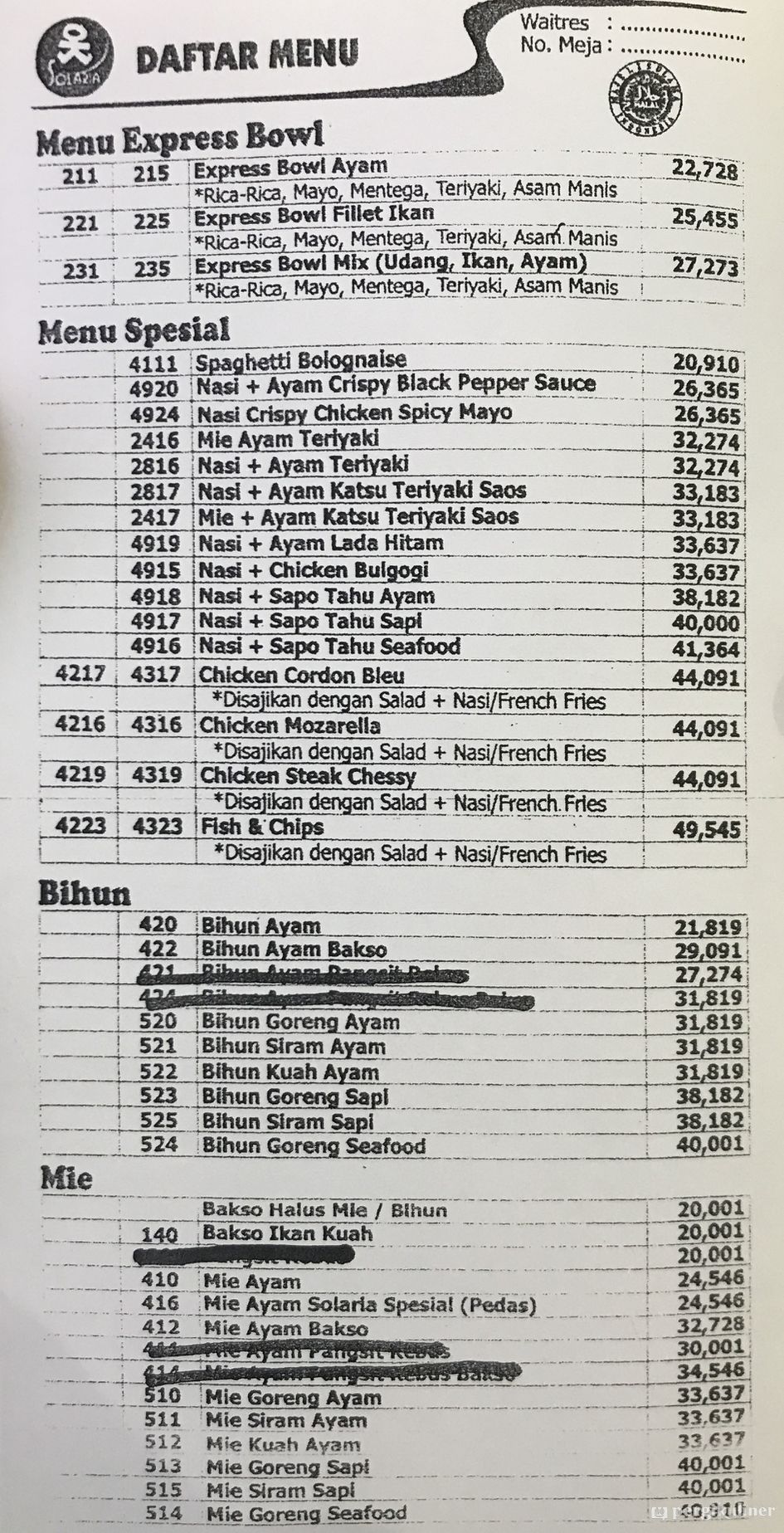 Selalu diperbarui! Menu Solaria, Soekarno Hatta, Bandung