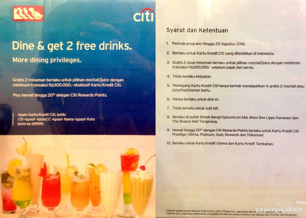 Gratis 2 Minuman Dengan Kartu Kredit Citibank Promo Dan Diskon Di Bebek Bengil Bsd Tangerang