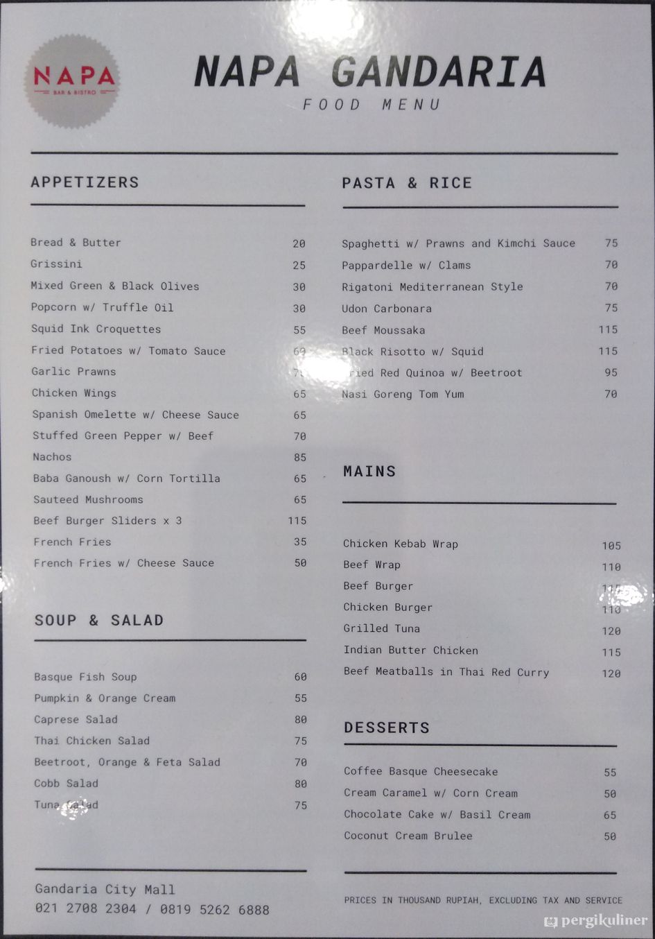 Selalu diperbarui! Menu Napa Bar & Bistro, Gandaria