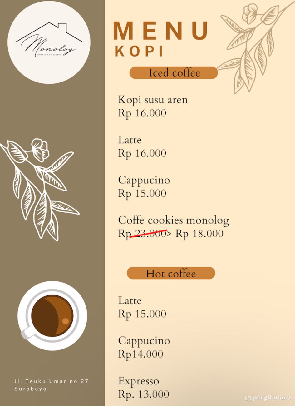 Selalu diperbarui! Menu Monolog Coffee And Eatery, Tegalsari, Surabaya