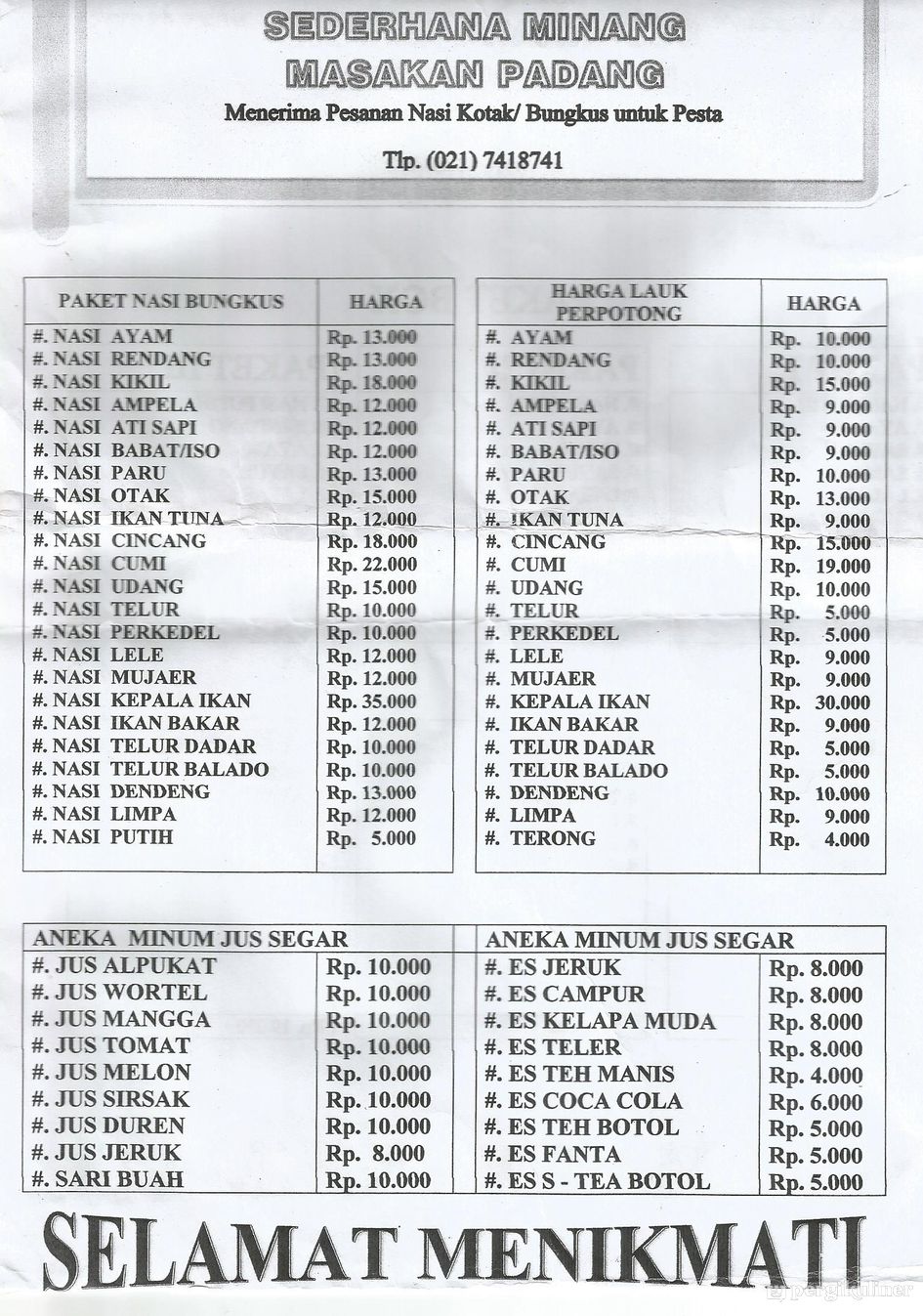Masakan Padang Harga
